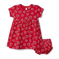 Babyhug 100% Cotton Interlock Knit Half Sleeves Heart Printed Frock With Bloomer - Red