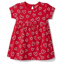 Babyhug 100% Cotton Interlock Knit Half Sleeves Heart Printed Frock With Bloomer - Red