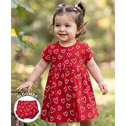 Babyhug 100% Cotton Interlock Knit Half Sleeves Heart Printed Frock With Bloomer - Red