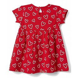 Babyhug 100% Cotton Interlock Knit Half Sleeves Heart Printed Frock With Bloomer - Red