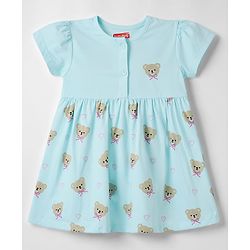 Babyhug 100% Cotton Knit Half Sleeves Bear Printed Frock with Bloomer - Sky