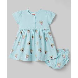Babyhug 100% Cotton Knit Half Sleeves Bear Printed Frock with Bloomer - Sky