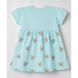 Babyhug 100% Cotton Knit Half Sleeves Bear Printed Frock with Bloomer - Sky