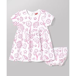 Babyhug 100% Cotton Woven Frocks with Bloomer Half Sleeves Round NeckFloral Prints Pink 6-9 Months