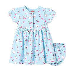 Babyhug 100% Cotton Knit Frocks with Bloomer Half Sleeves Round Neck Floral Prints Blue New Born