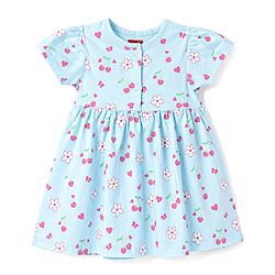 Babyhug 100% Cotton Knit Frocks with Bloomer Half Sleeves Round Neck Floral Prints Blue New Born