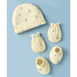 Babyhug 100% Cotton Interlock Knit Cap Mittens & Booties Set With Nautical Print Lemon - Diameter 8 cm