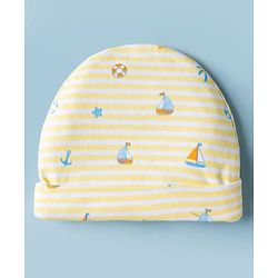 Babyhug 100% Cotton Interlock Knit Cap Mittens & Booties Set With Nautical Print Lemon - Diameter 8 cm