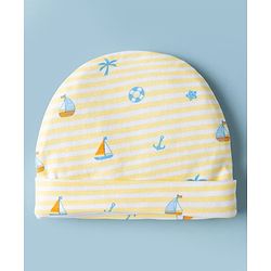 Babyhug 100% Cotton Interlock Knit Cap Mittens & Booties Set With Nautical Print Lemon - Diameter 8 cm