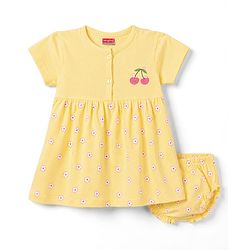 Babyhug 100% Cotton Single Jersey Knit Half Sleeves Frock With Floral Print - Yellow