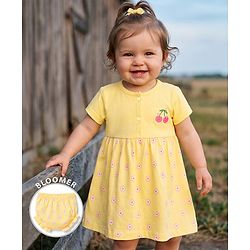 Babyhug 100% Cotton Single Jersey Knit Half Sleeves Frock With Floral Print - Yellow