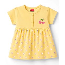 Babyhug 100% Cotton Single Jersey Knit Half Sleeves Frock With Floral Print - Yellow