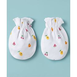 Babyhug 100% Cotton Knit Cap Mittens & Booties with Fruit Print Multicolor - Diameter 8 cm