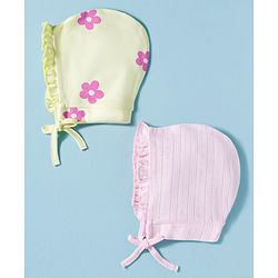 Babyhug 100% Cotton Interlock Knit Cap With Floral Print Pack of 2 Multicolor - Diameter 9 cm
