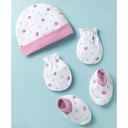 Babyhug 100% Cotton Knit Cap Mittens & Booties with Butterfly Print Multicolor - Diameter 8 cm