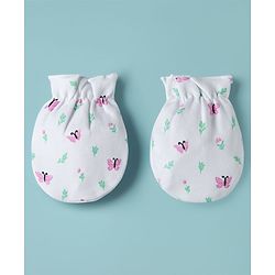 Babyhug 100% Cotton Knit Cap Mittens & Booties with Butterfly Print Multicolor - Diameter 8 cm