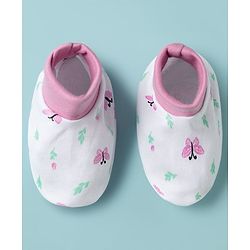 Babyhug 100% Cotton Knit Cap Mittens & Booties with Butterfly Print Multicolor - Diameter 8 cm