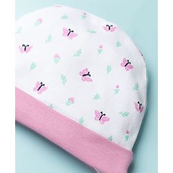 Babyhug 100% Cotton Knit Cap Mittens & Booties with Butterfly Print Multicolor - Diameter 8 cm