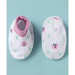 Babyhug 100% Cotton Knit Cap Mittens & Booties with Butterfly Print Multicolor - Diameter 8 cm