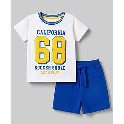 Babyhug Single Jersey Knit Half Sleeves T-Shirt & Shorts Set With Text Print - White & Blue