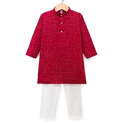 Babyhug Cotton Woven Full Sleeves Embroidered Kurta Pyjama Set With Sequin Detailing - Red