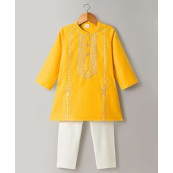 Babyhug Chanderi Woven Full Sleeves Kurta Pajama Set with Embroidery - Yellow