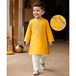 Babyhug Chanderi Woven Full Sleeves Kurta Pajama Set with Embroidery - Yellow