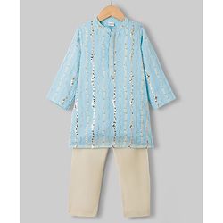 Babyhug Georgette Woven Full Sleeves Kurta Pyjama Set With Sequin & Embroidery Detailing - Aqua Blue