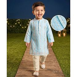 Babyhug Georgette Woven Full Sleeves Kurta Pyjama Set With Sequin & Embroidery Detailing - Aqua Blue