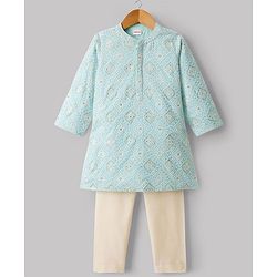 Babyhug Cotton Blend Woven Full Sleeves Floral Embroidered & Sequinned Kurta & Pyjama Set - Light Blue