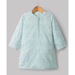 Babyhug Cotton Blend Woven Full Sleeves Floral Embroidered & Sequinned Kurta & Pyjama Set - Light Blue