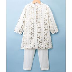 Babyhug Cotton Woven Full Sleeves Embroidered Kurta Pyjama Set - Offwhite