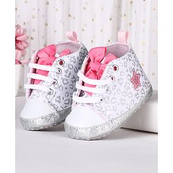 Cute Walk by Babyhug Lace Up Glitter Printed Booties With Bow Applique - Grey