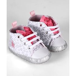 Cute Walk by Babyhug Lace Up Glitter Printed Booties With Bow Applique - Grey