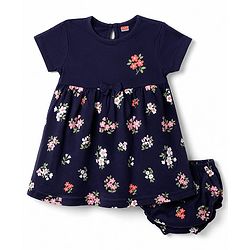 Babyhug Cotton Interlock Knit  Half Sleeves Floral Printed Frocks and Bloomer with Floral Print - Navy
