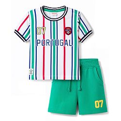 Babyhug 100% Cotton Knit Half Sleeves Striped & Text Printed T-Shirt & Shorts Set With Patch - Multicolor
