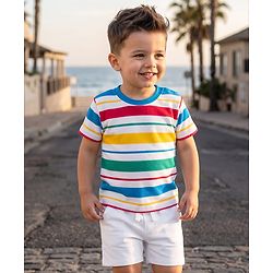 Babyhug Single Jersey Knit Half Sleeves Striped T-Shirt & Shorts Set - Multicolor