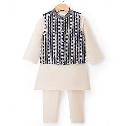 Babyhug Woven Full Sleeves Solid Colour Kurta Pyjama Set with Embroidered Jacket - Navy