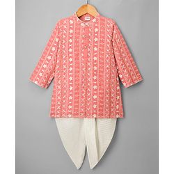 Babyhug Georgette Woven Full Sleeves Kurta Dhoti Set with Floral Embroidery & Sequin Detailing - Pink