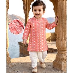Babyhug Georgette Woven Full Sleeves Kurta Dhoti Set with Floral Embroidery & Sequin Detailing - Pink