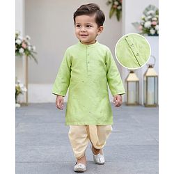 Babyhug Cotton Blend Woven Full Sleeves Kurta Dhoti Set with Embroidery - Green