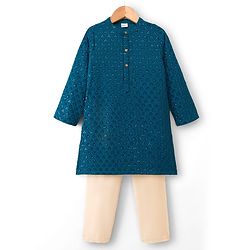 Babyhug Georgette Woven Full Sleeves Kurta Pyjama Set With Embroidery - Teal Blue