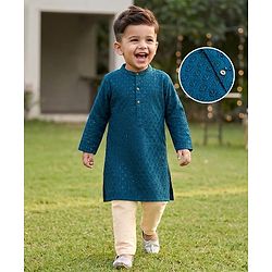 Babyhug Georgette Woven Full Sleeves Kurta Pyjama Set With Embroidery - Teal Blue