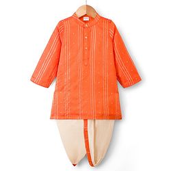 Babyhug Cotton Blend Woven Full Sleeves Foil Printed Dhoti Kurta Set - Orange