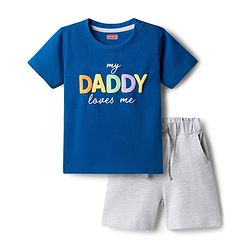 Babyhug Single Jersey Knit Half Sleeves T-Shirt & Shorts Set with Text Print - Blue & Grey