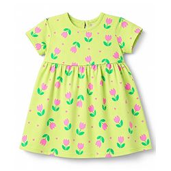 Babyhug 100% Cotton Knit Half Sleeves Floral Printed Frock With Bloomer - Neon Green