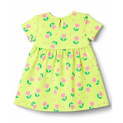 Babyhug 100% Cotton Knit Half Sleeves Floral Printed Frock With Bloomer - Neon Green