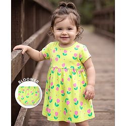 Babyhug 100% Cotton Knit Half Sleeves Floral Printed Frock With Bloomer - Neon Green