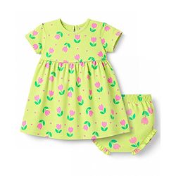 Babyhug 100% Cotton Knit Half Sleeves Floral Printed Frock With Bloomer - Neon Green