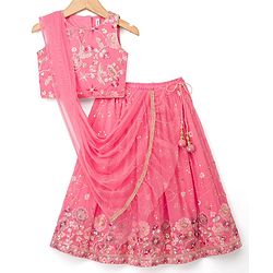 Babyhug Georgette Woven Sleeveless Choli Lehenga Set With Sequin Detailing & Dupatta - Light Pink